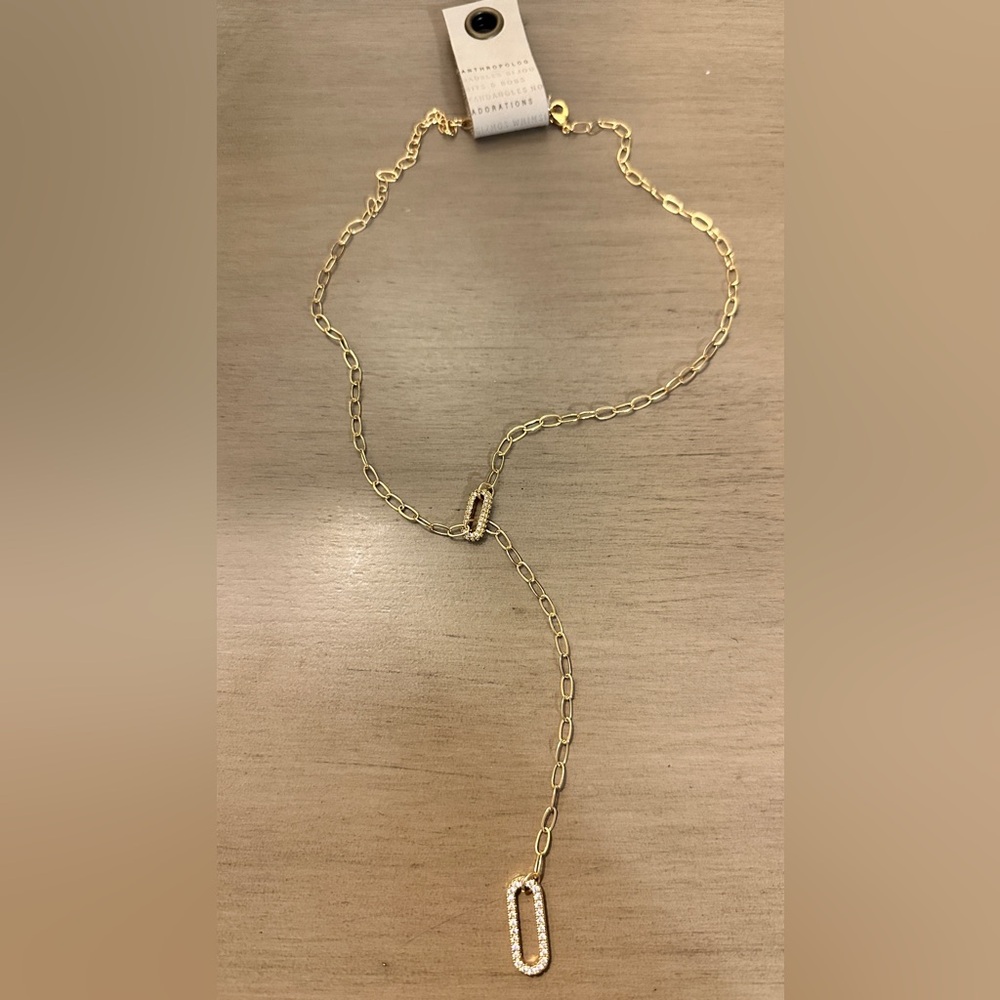 Anthropologie Gold Chain Lariat Necklace with Pavé Oval Charms New!